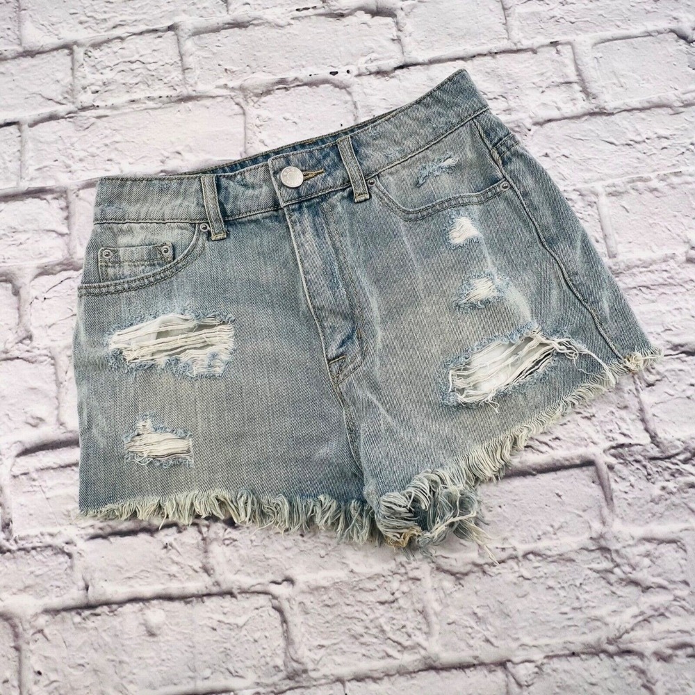 BDG Super High Rise Cheeky Distressed Denim Shorts Light Wash Blue 27w Festival